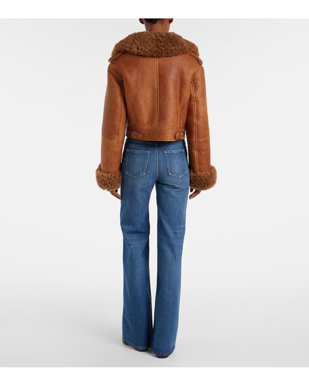 Chloé Brown Cropped Shearling-Trimmed Leather Jacket