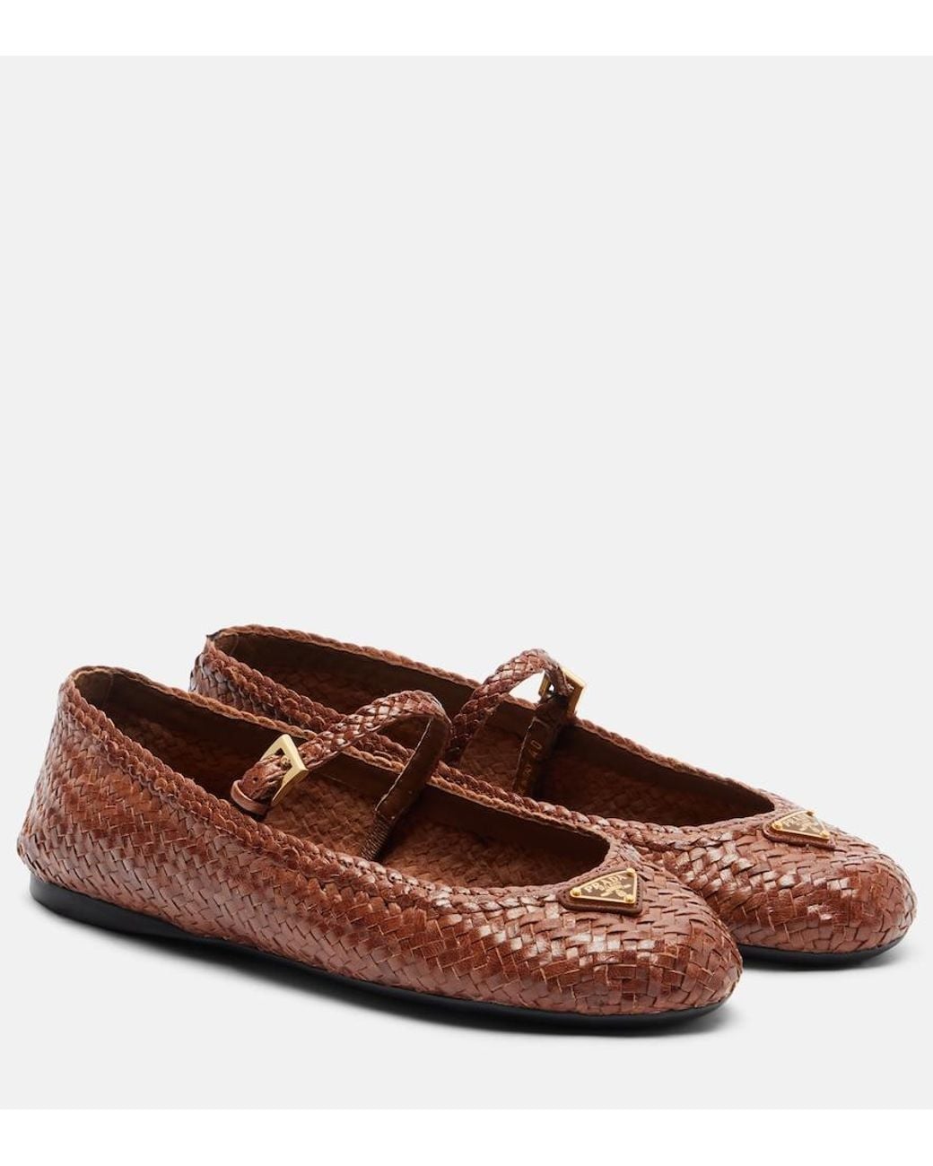 Prada Woven Leather Mary Jane Flats in Brown | Lyst