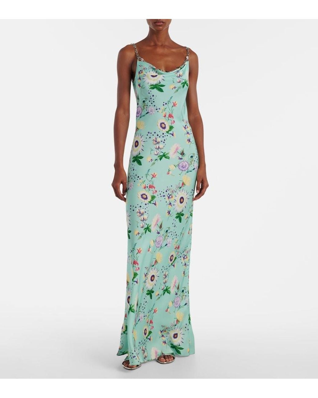 Rabanne Green Chain-Detail Floral Maxi Dress