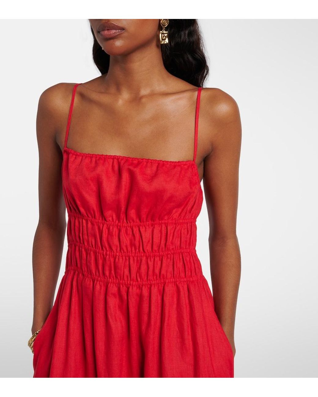 Staud Ayla Shirred Linen Midi Dress