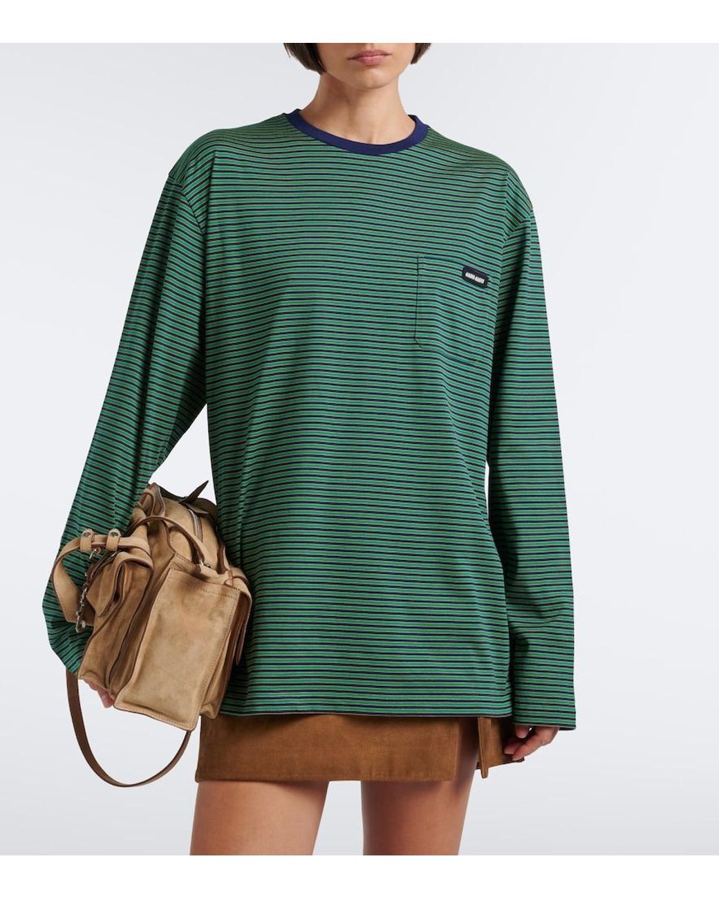 Miu Miu Green Striped Cotton Jersey T-Shirt