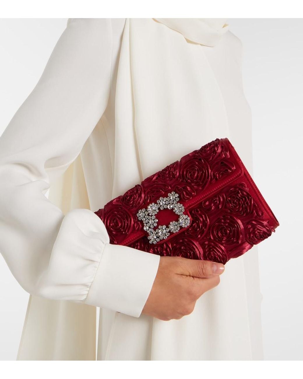 Roger Vivier Red Rose Vivier Embellished Satin Clutch