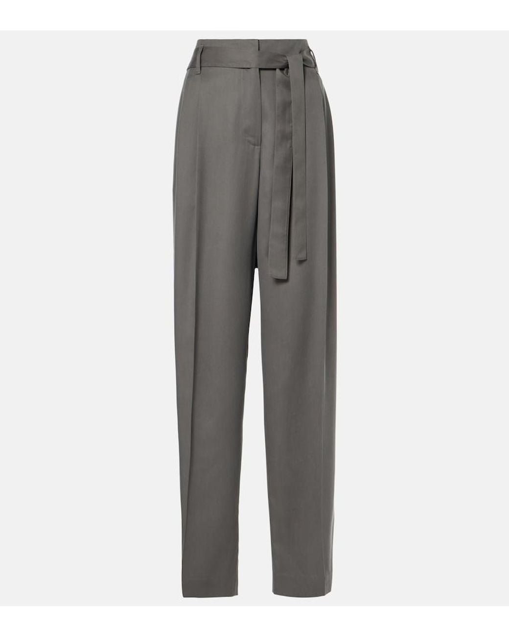 The Row Gray Lonan High-Rise Silk Straight Pants