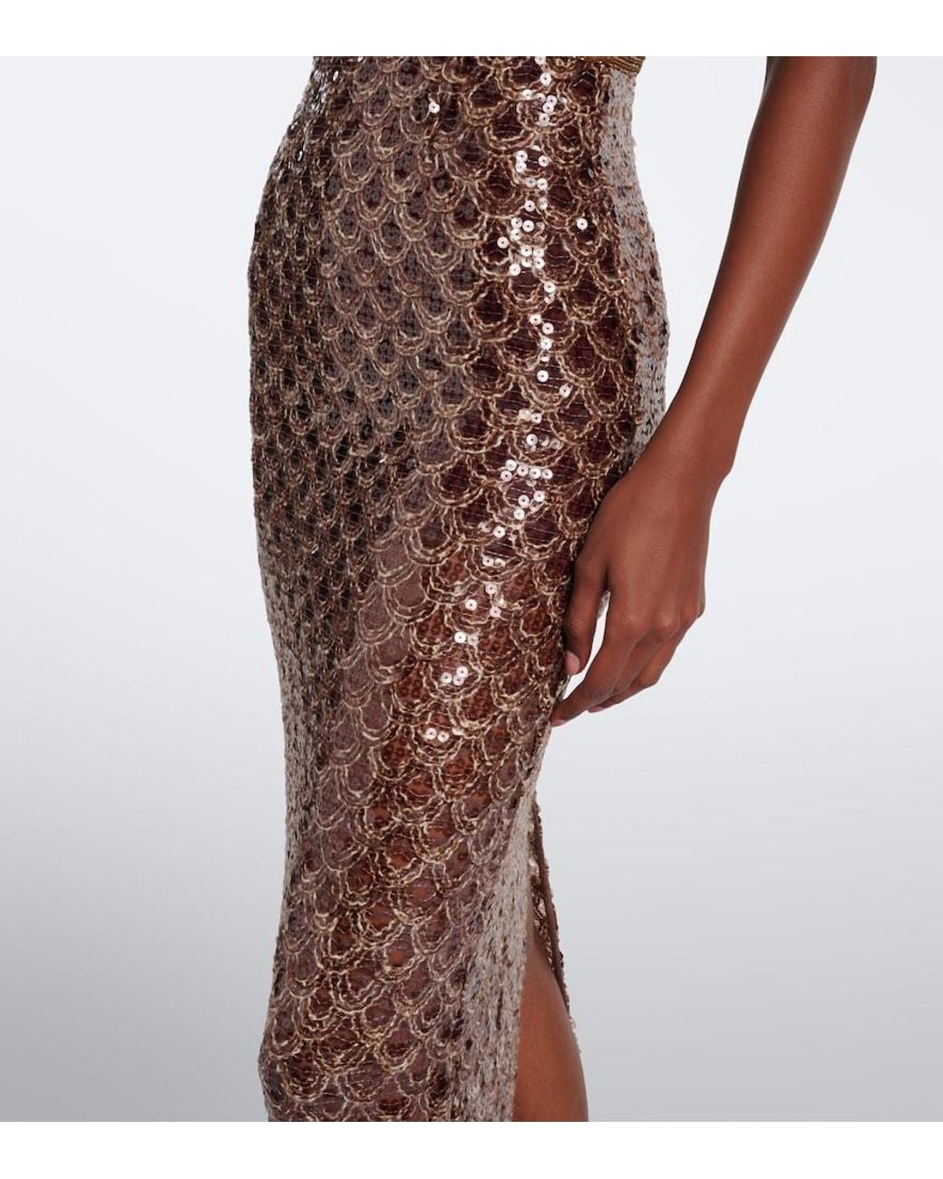 La Fuori Brown Scales Of Embellished Halterneck Gown