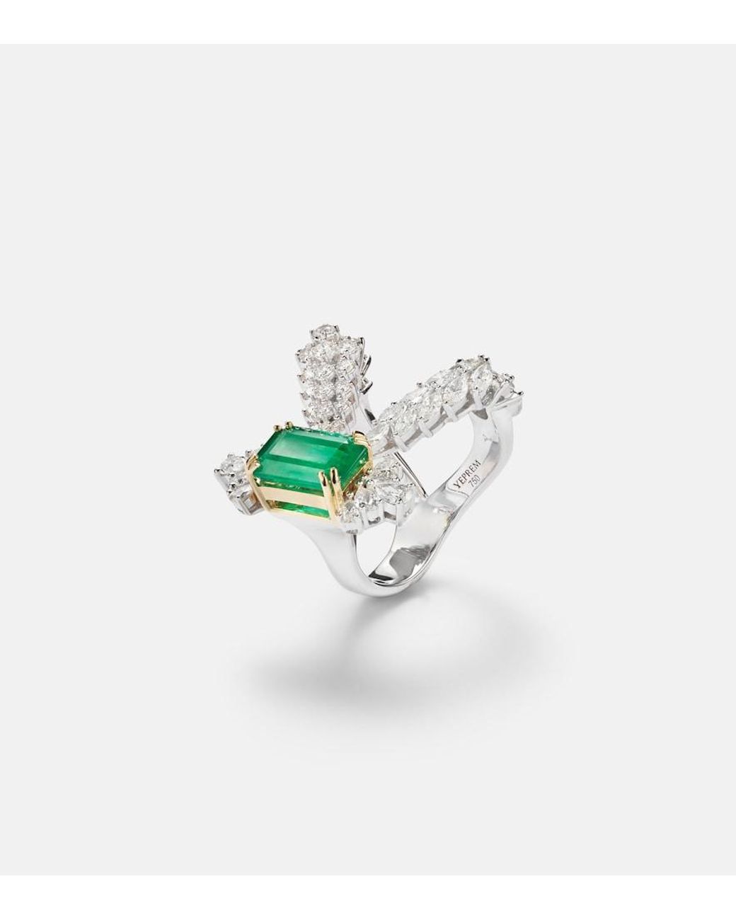 YEPREM White Reign Supreme 18Kt Ring With Emerald And Diamonds