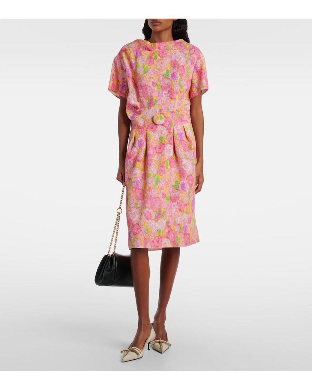 Prada Pink Floral Silk-Blend Cloque Midi Dress