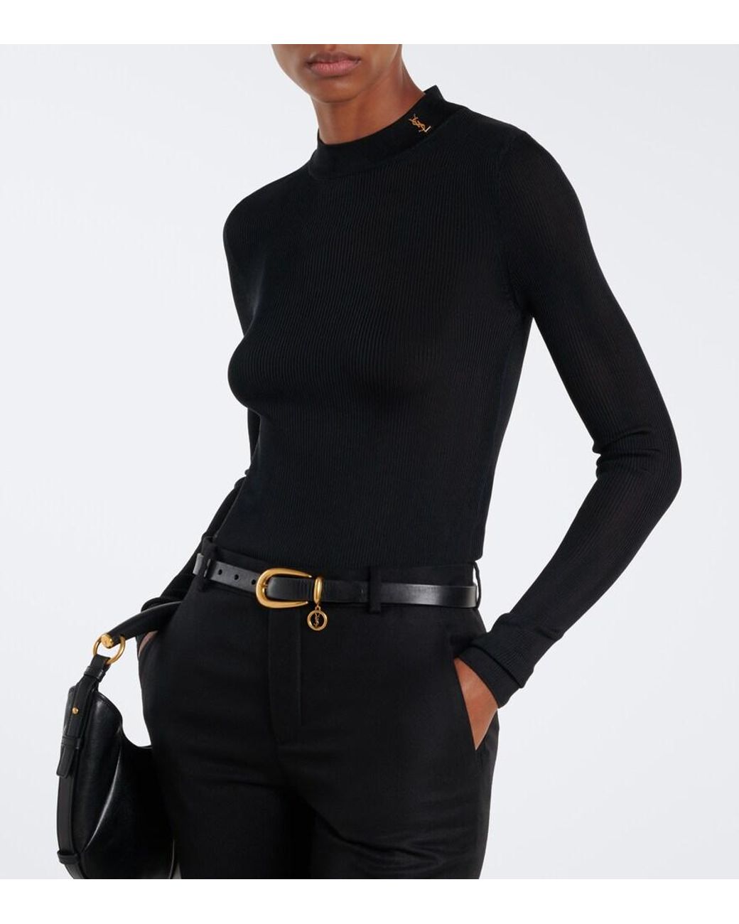 Saint Laurent Black Monogram Silk Mockneck Top