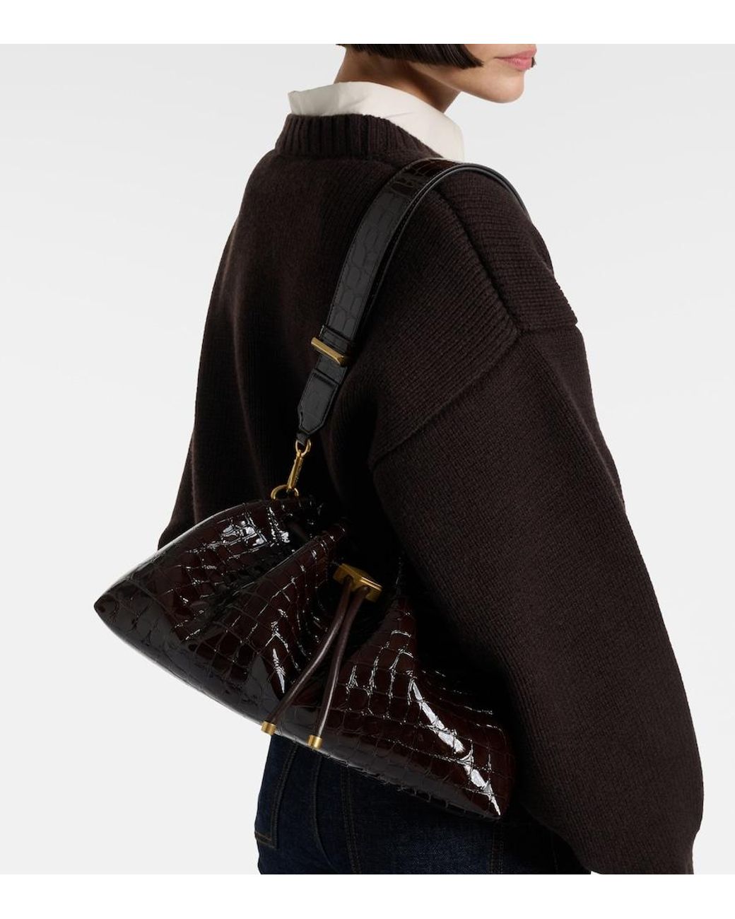 Jimmy Choo Black Cinch Medium Croc-Effect Leather Bucket Bag