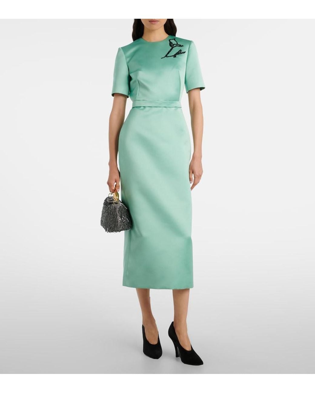 Erdem Green Floral Belted Duchesse Satin Midi Dress