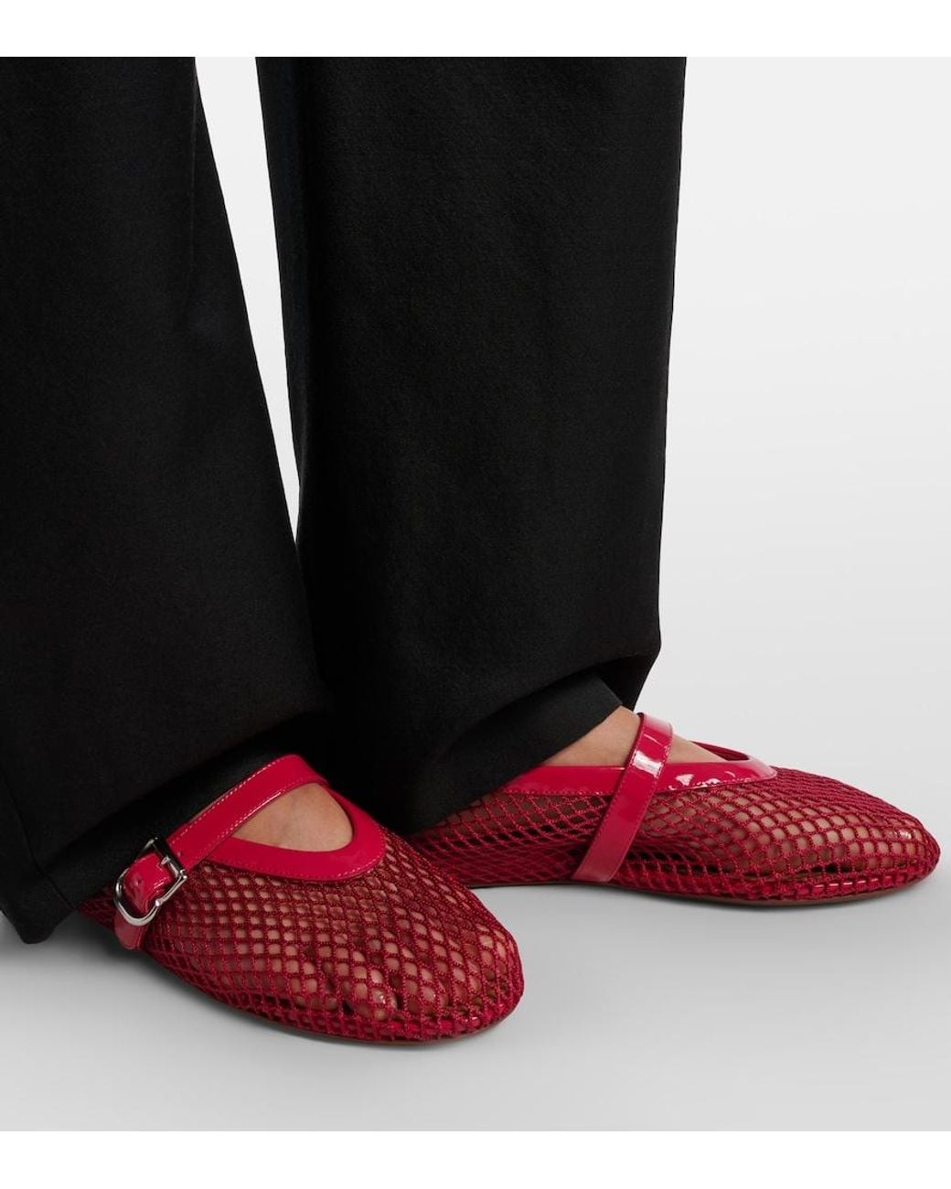 Alaïa Red Leather-Trimmed Fishnet Mary Jane Flats