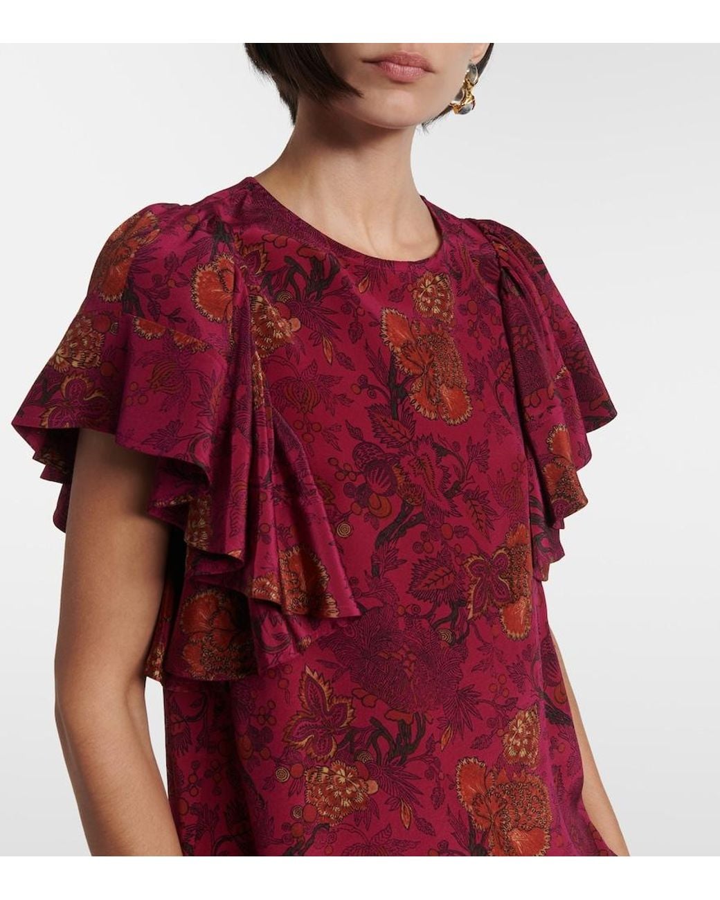 Ulla Johnson Red Lena Floral Silk Crepe De Chine Top