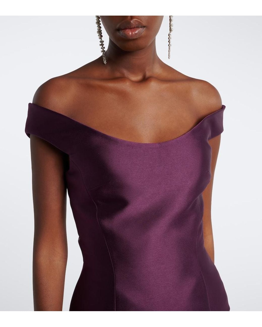 Solace London Purple Pieta Off-Shoulder Peplum Satin Gown