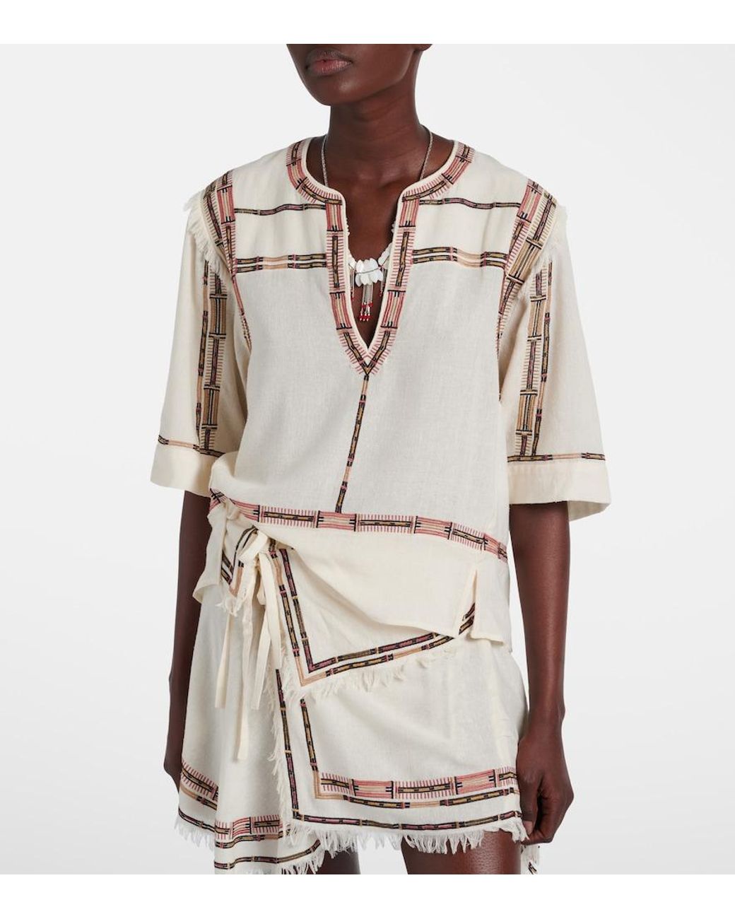 Isabel Marant Natural Fiosa Embroidered Fringed Silk Top