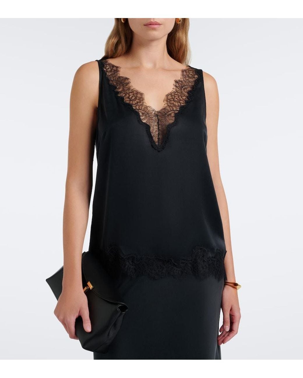 Velvet Black Lace-Trimmed Silk Satin Top