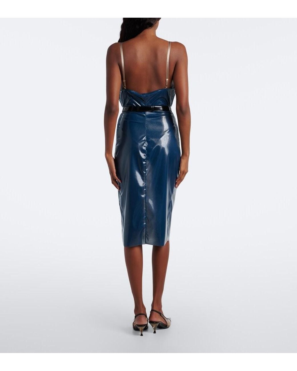 Saint Laurent Blue Lace-Trimmed Silk Midi Dress
