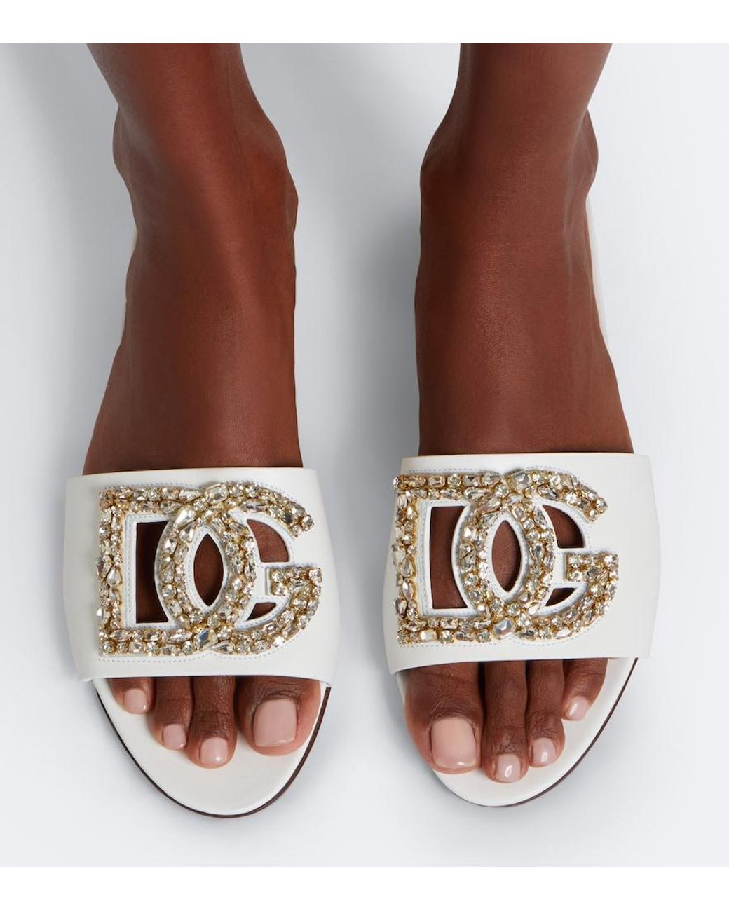 Dolce & Gabbana White Dg Embellished Leather Slides