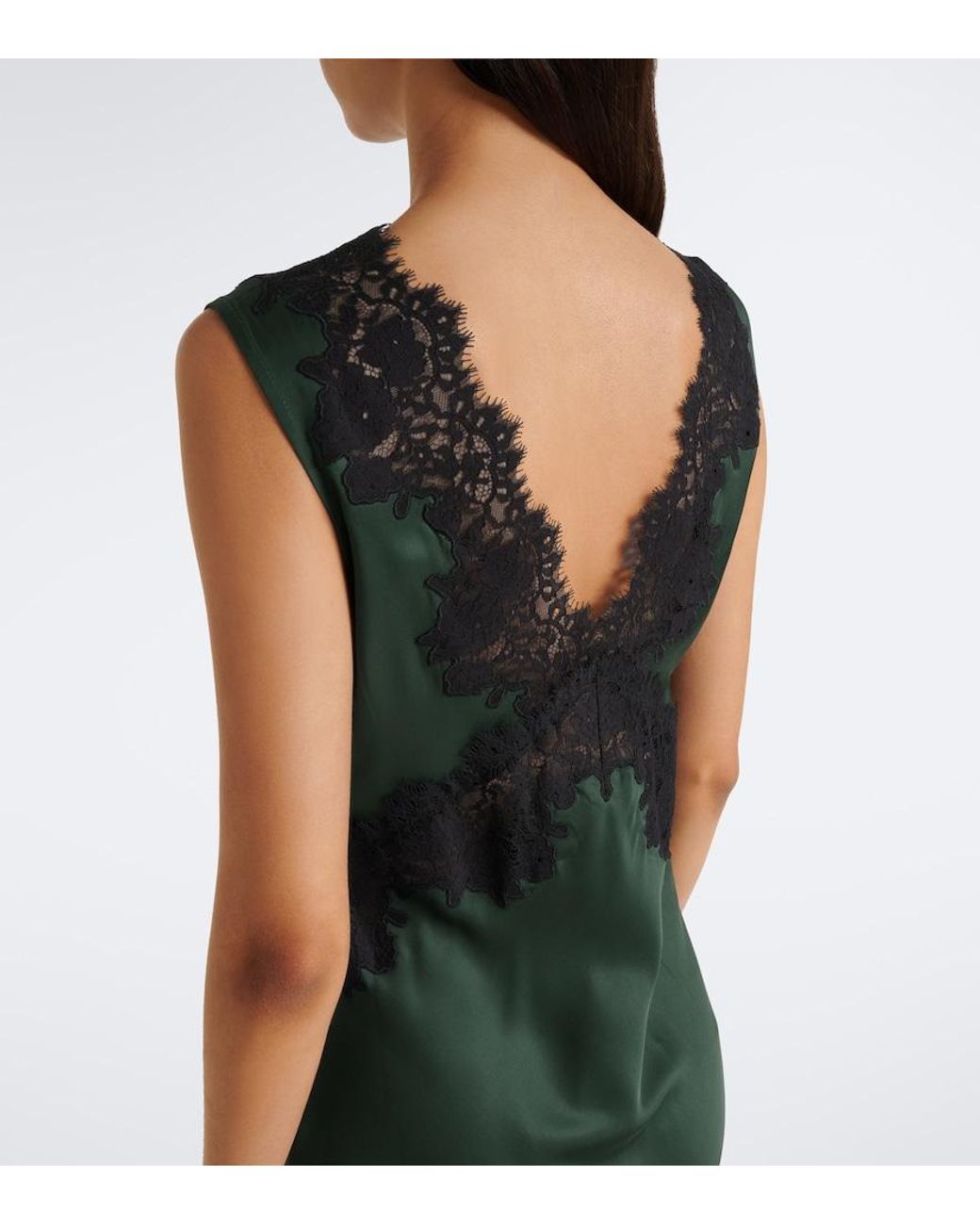 Rixo Green Lysandra Lace-Trimmed Satin Midi Dress