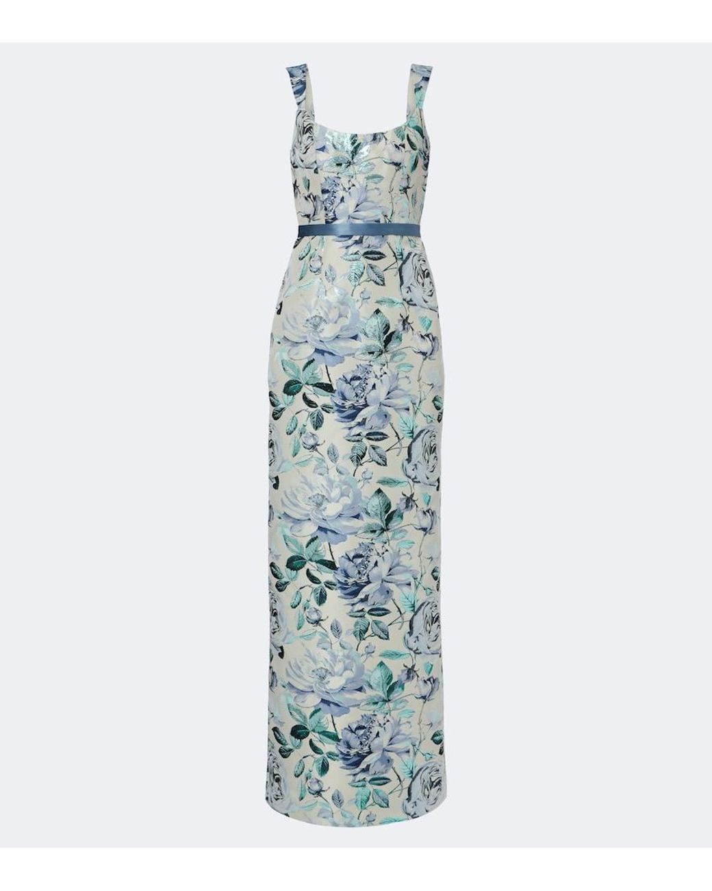 Markarian Blue Robin Belted Floral Brocade Gown