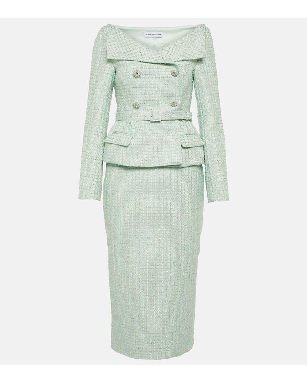 Self-Portrait Boucle Midi Dress in Green | Lyst