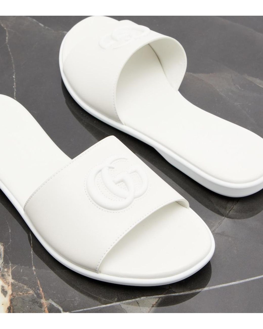Gucci White Double G Leather Slides