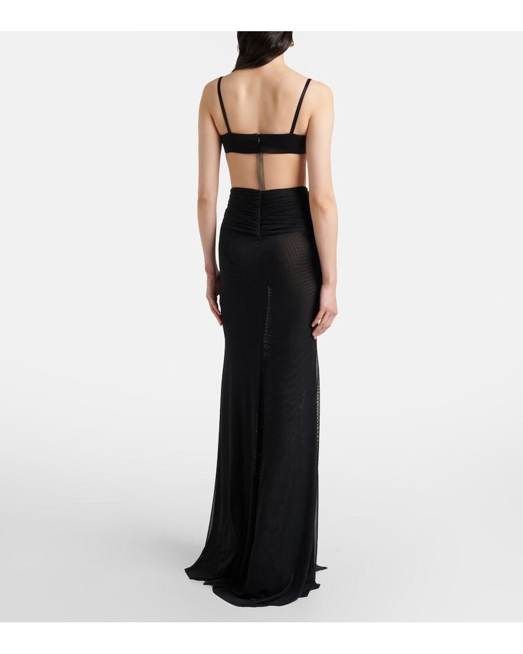 David Koma Black Floral-Applique Mesh Gown