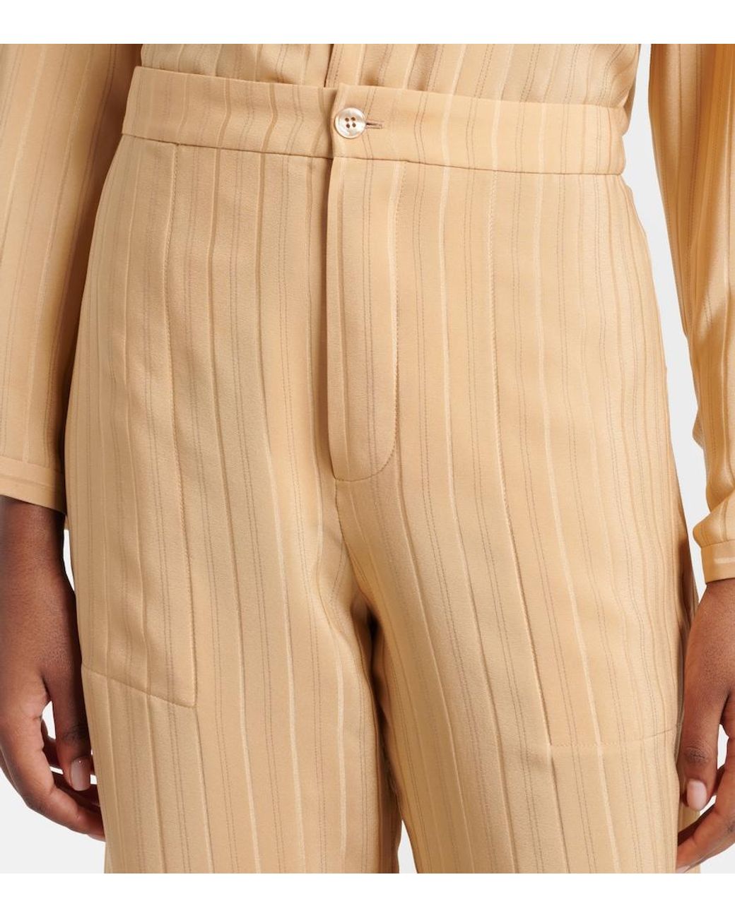 Saint Laurent Natural Striped Cropped Silk Straight Pants