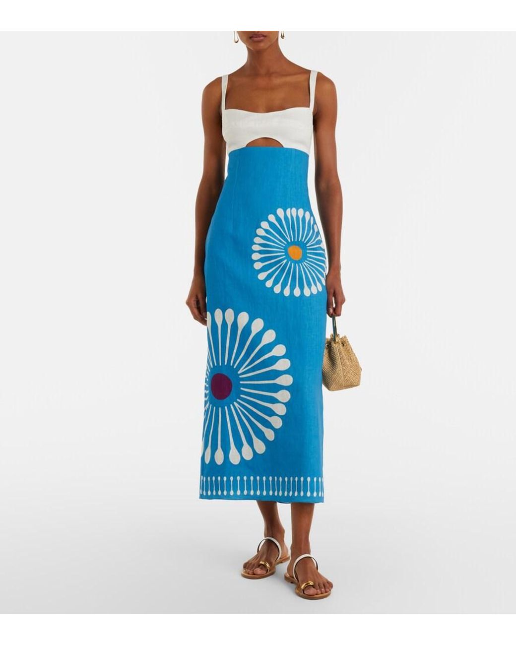 Cala De La Cruz Blue Nara Cutout Floral Linen Midi Dress
