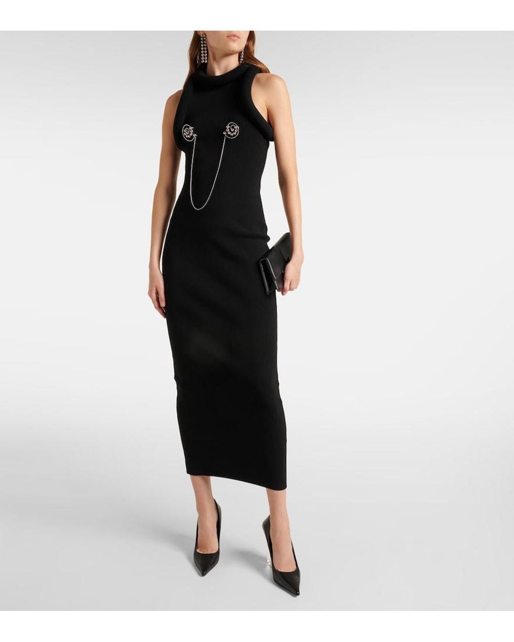 Jean Paul Gaultier Black Elegant Long Dress With 3D Chest Detail And Structured Horizontal Wiring
