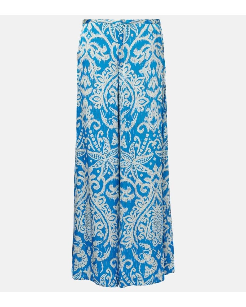 Poupette Blue Clea High-Rise Printed Wide-Leg Pants