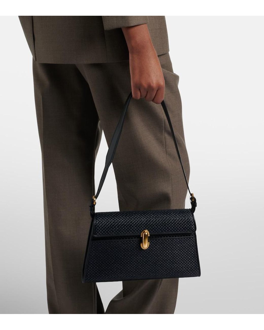 SAVETTE Black Symmetry Leather-Trimmed Raffia Shoulder Bag