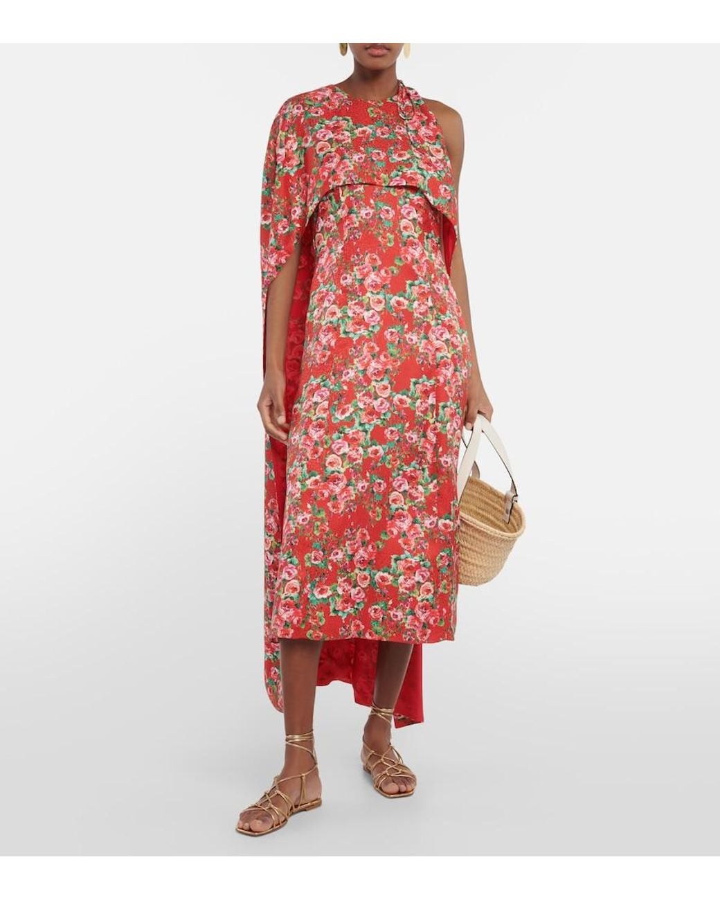 Markarian Red Caped Silk Midi Dress