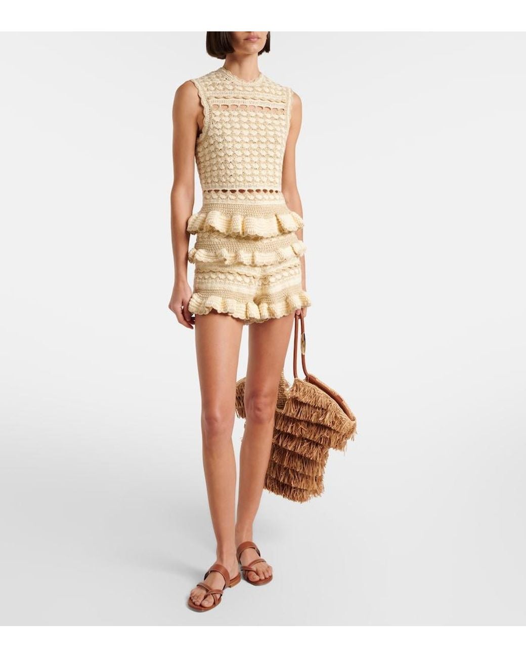 Zimmermann Natural Wanderlust Crochet Tiered Shorts