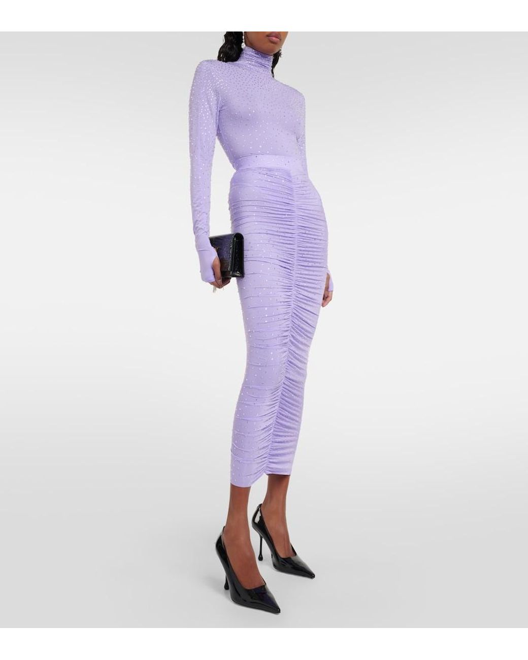 Alex Perry Purple Crystal-Embellished Ruched Midi Skirt