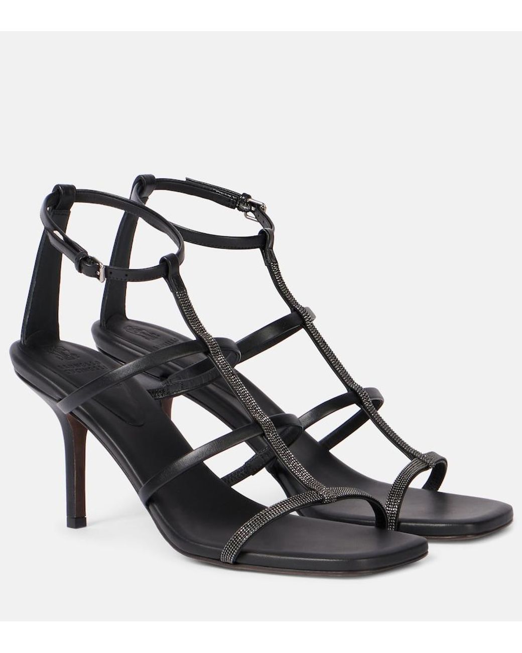 Brunello Cucinelli Black Leather Embellished Sandals 80