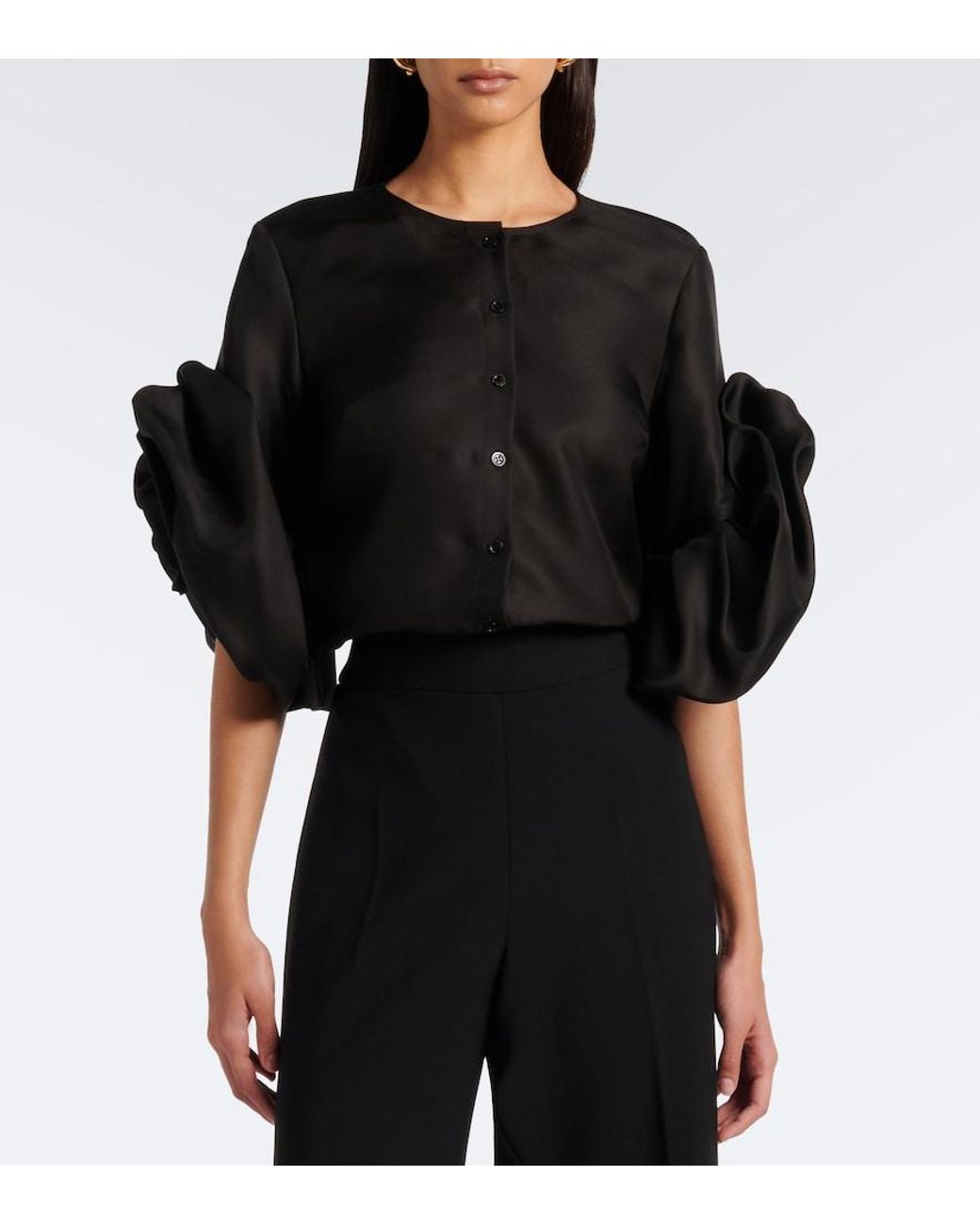 Carolina Herrera Black Floral-Applique Silk Top