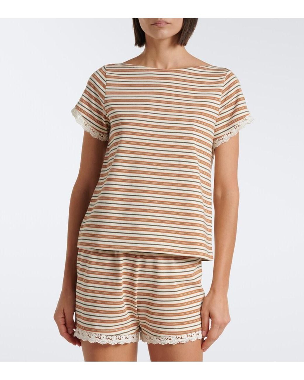 Posse White Maeve Lace-Trimmed Striped Cotton T-Shirt
