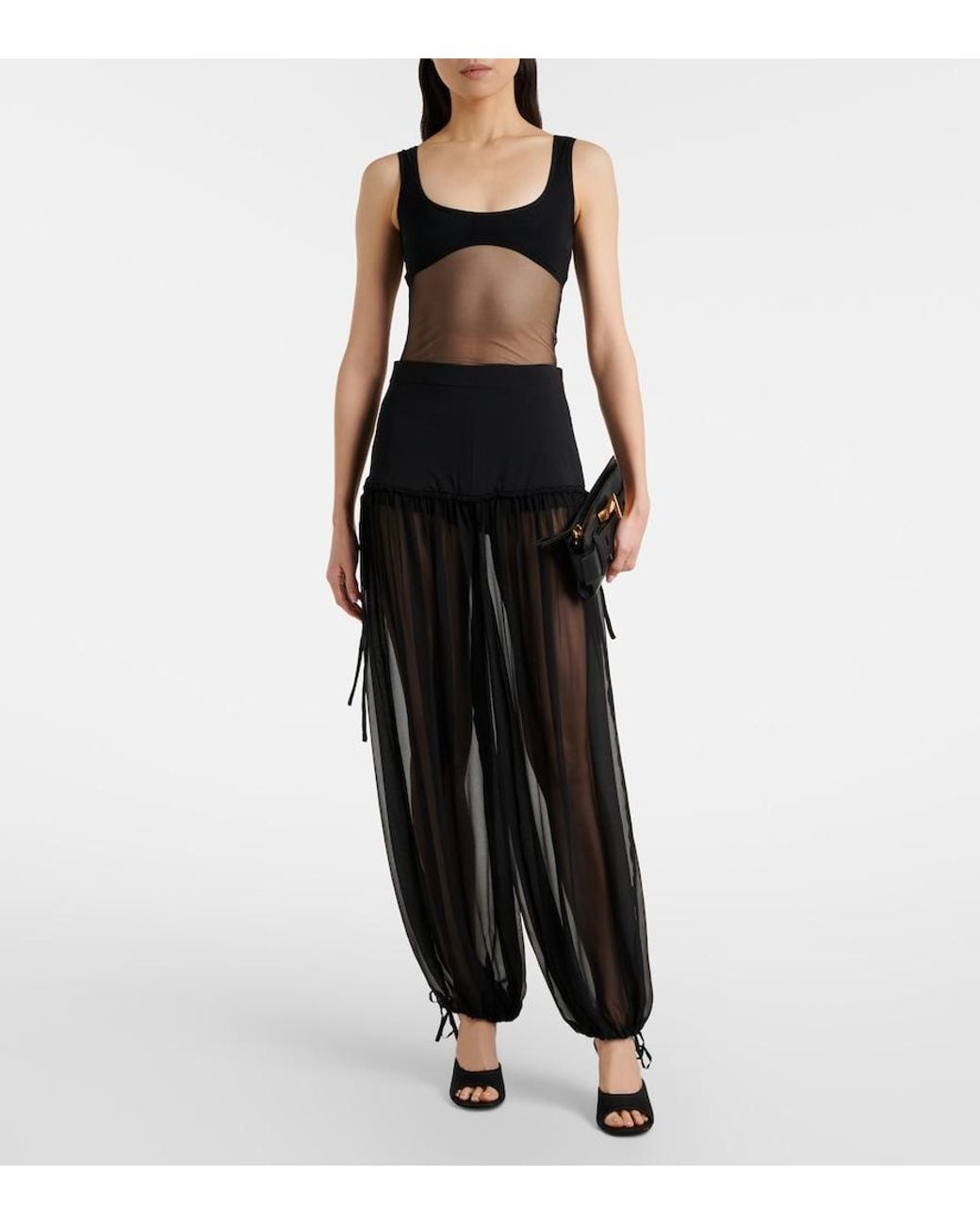 Nensi Dojaka Black Mesh-Trimmed Silk Balloon Pants