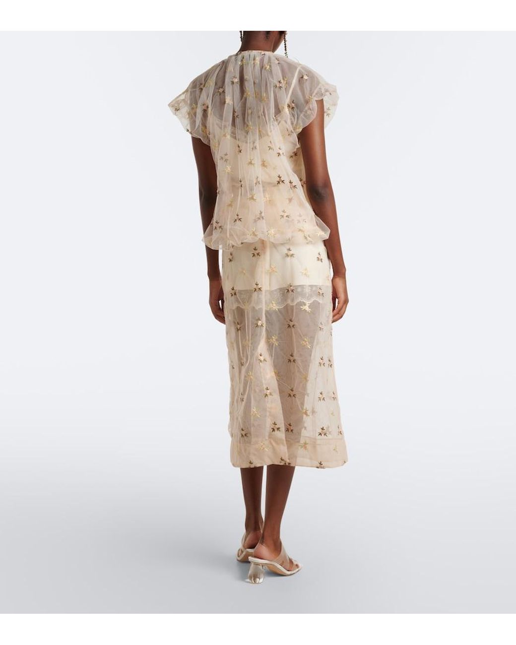 Simone Rocha Natural Embroidered Tulle Midi Skirt