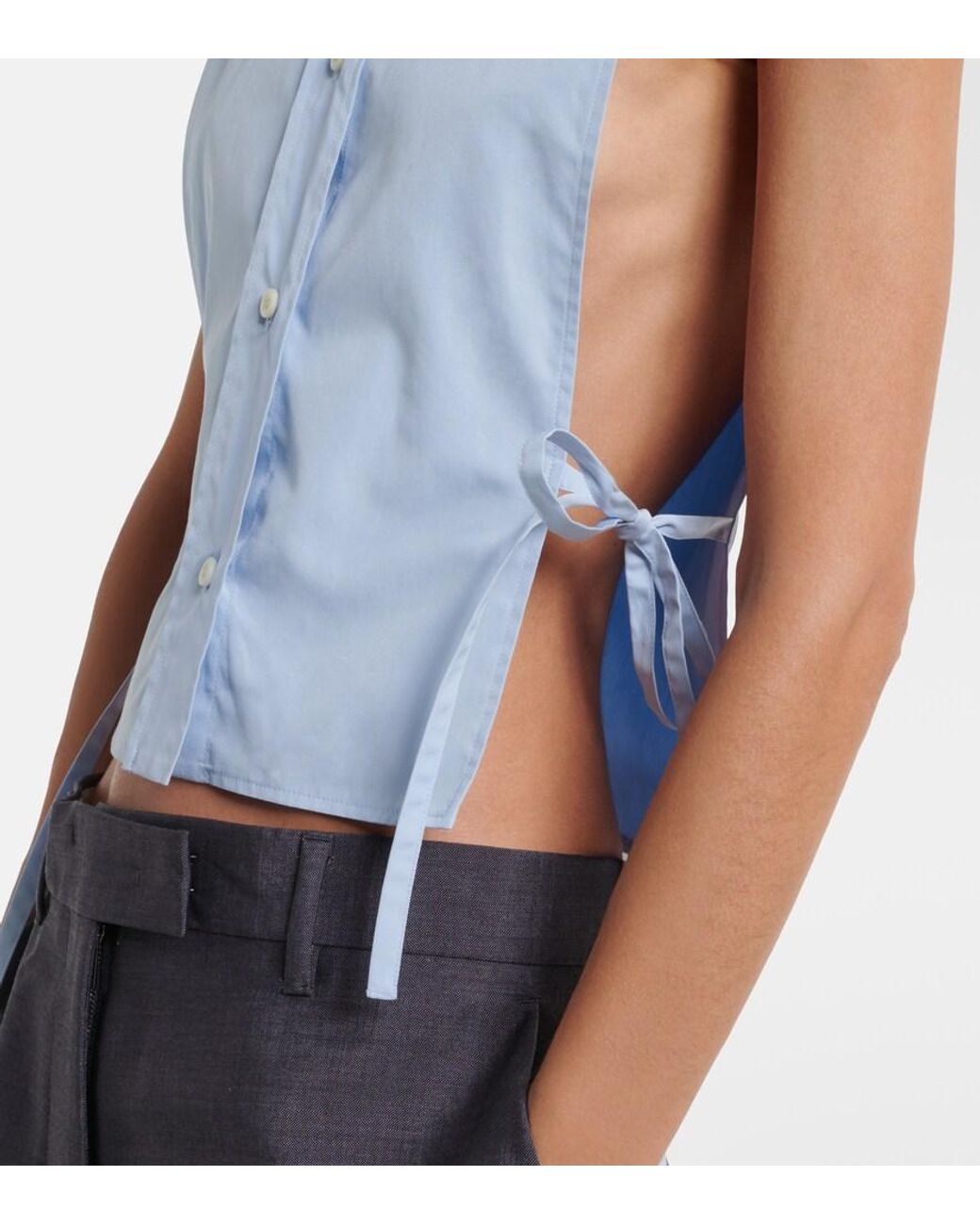 Miu Miu Blue Cutout Cropped Cotton Poplin Shirt