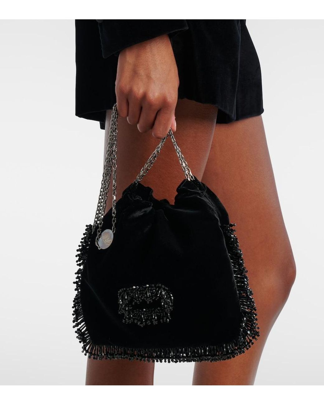 Roger Vivier Black Pilgrim Mini Beaded Velvet Bucket Bag