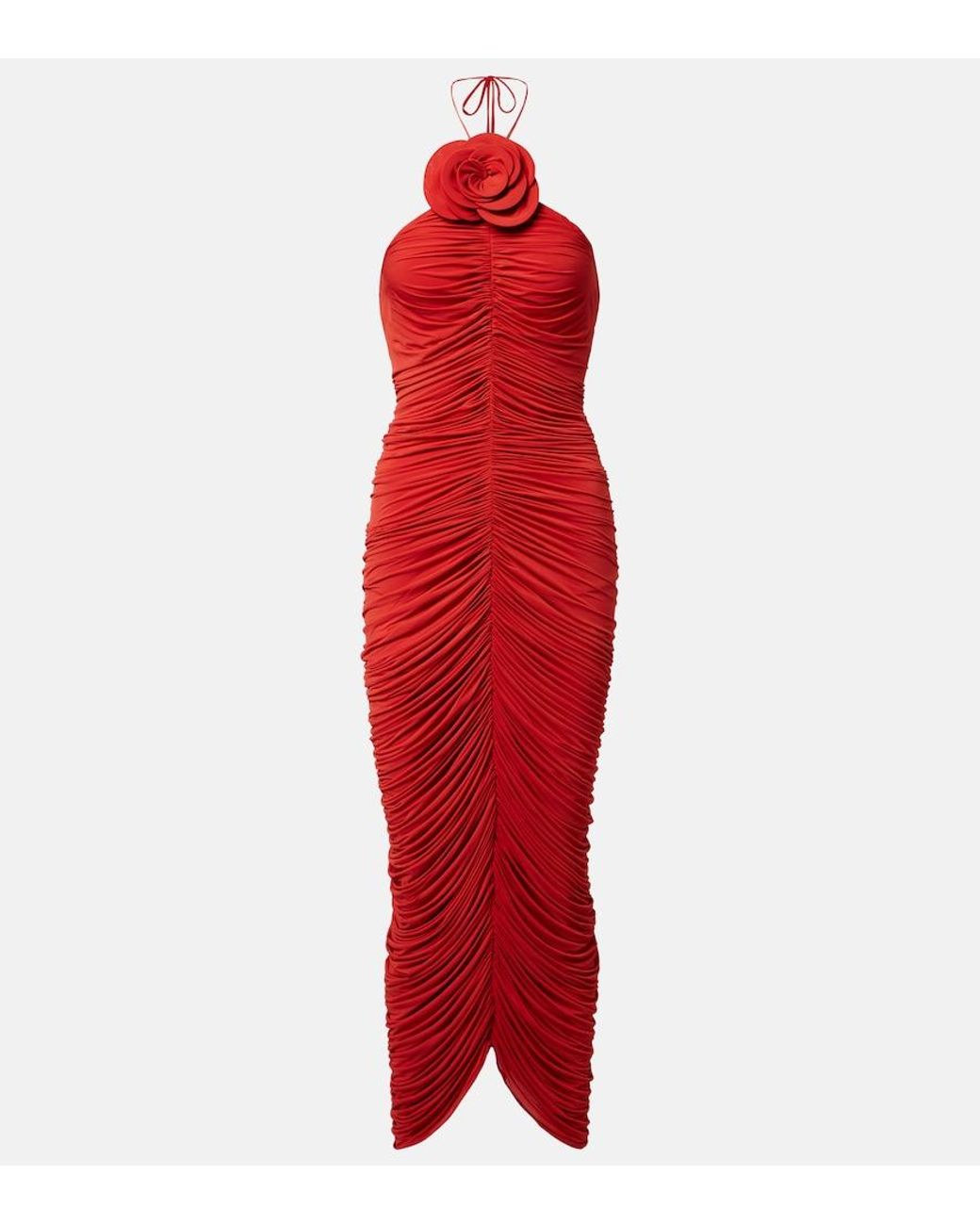 Magda Butrym Red Floral-Applique Ruched Jersey Midi Dress