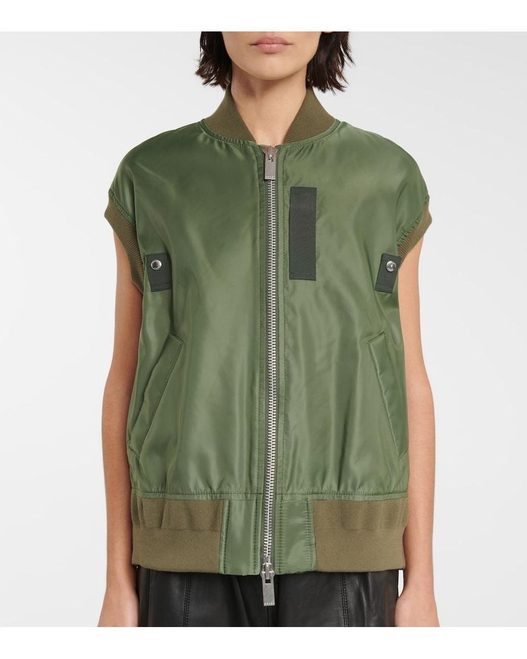 Sacai Green Nylon Twill Vest In Khaki