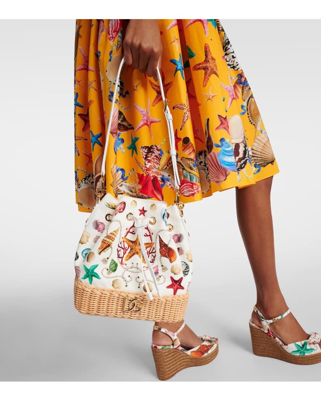 Dolce & Gabbana Capri Dg Raffia-Trimmed Canvas Bucket Bag in