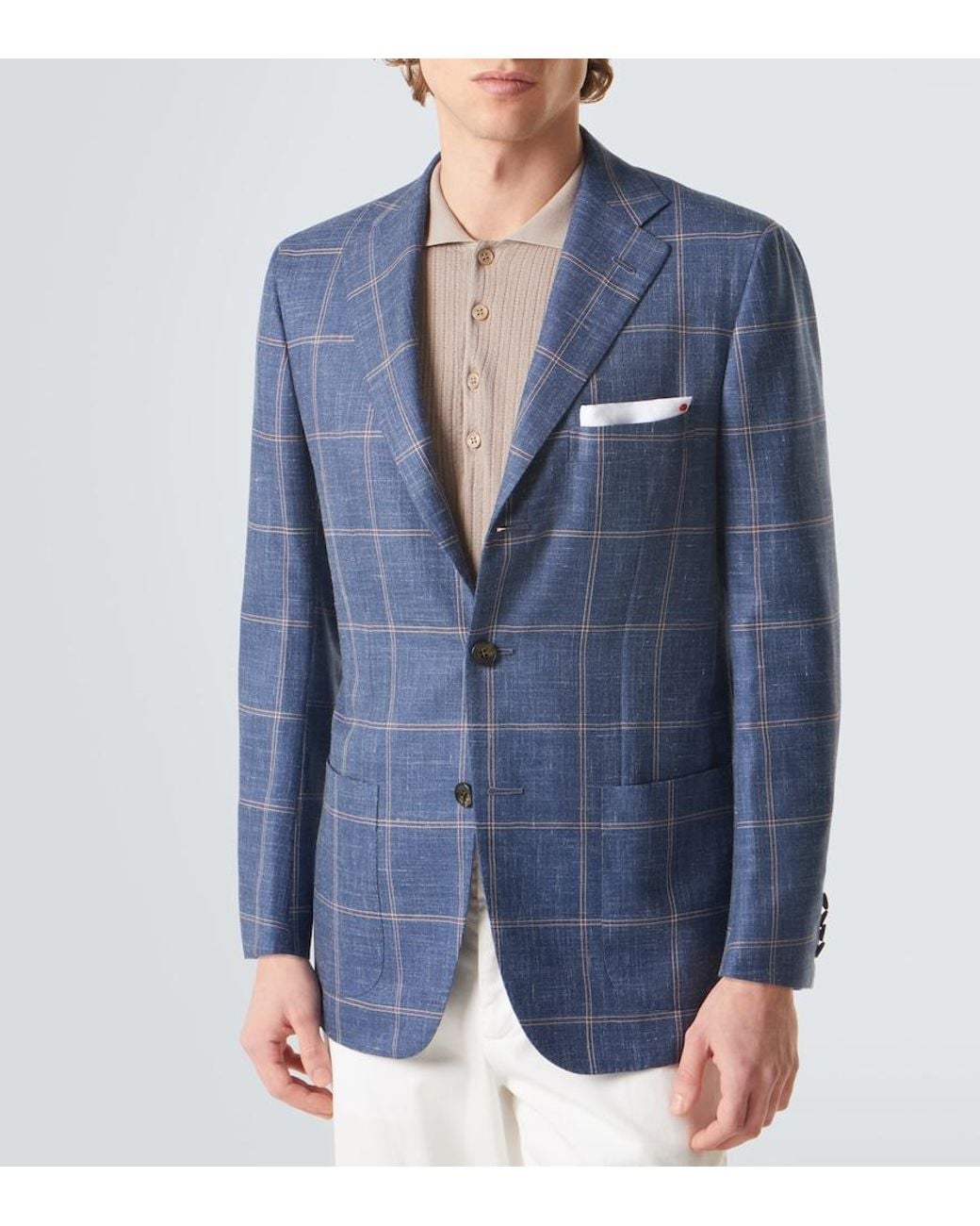 Kiton Blue Checked Cashmere, Wool, Silk, And Linen Blazer for men