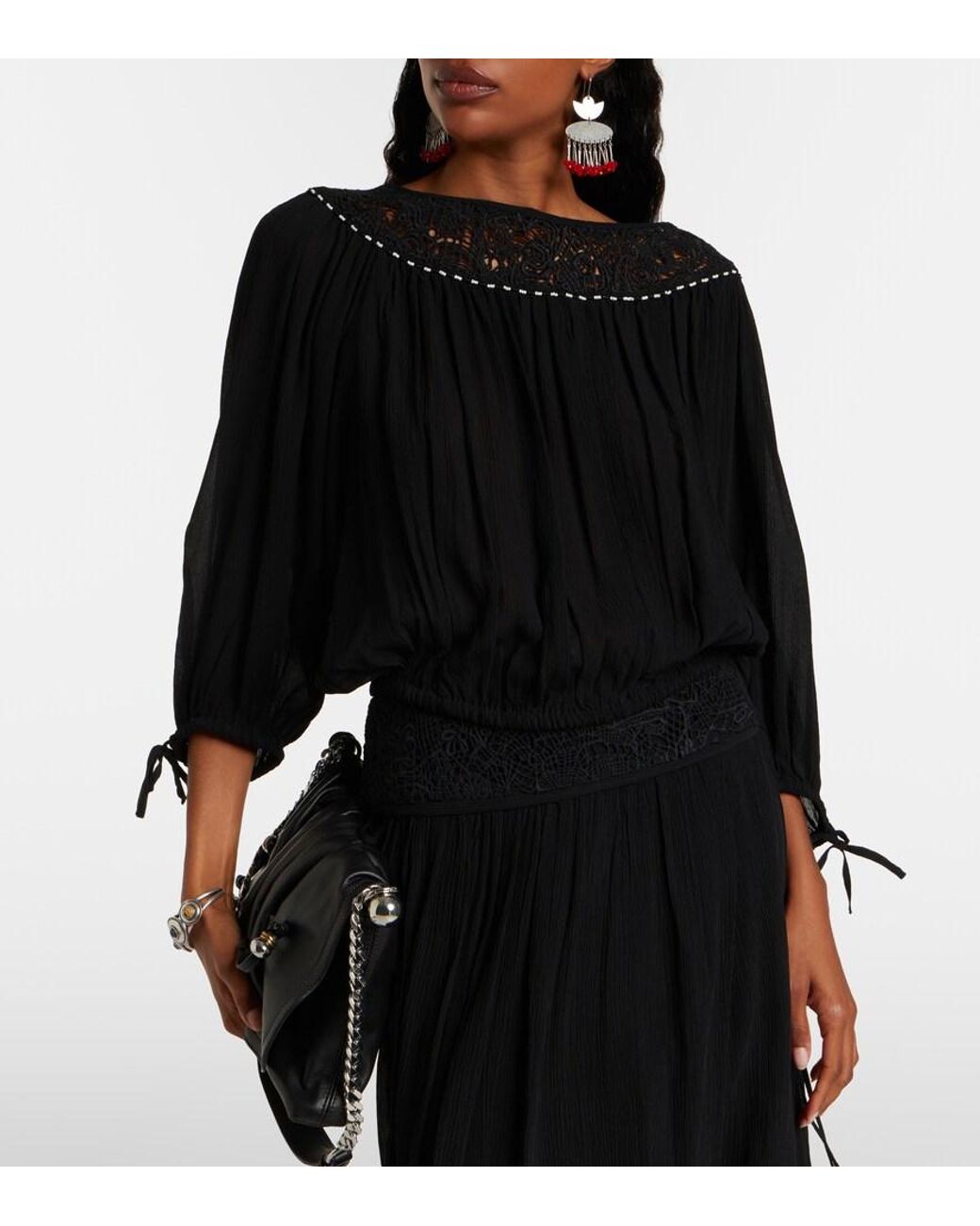 Isabel Marant Black Nelida Guipure Lace-Trimmed Silk Blouse
