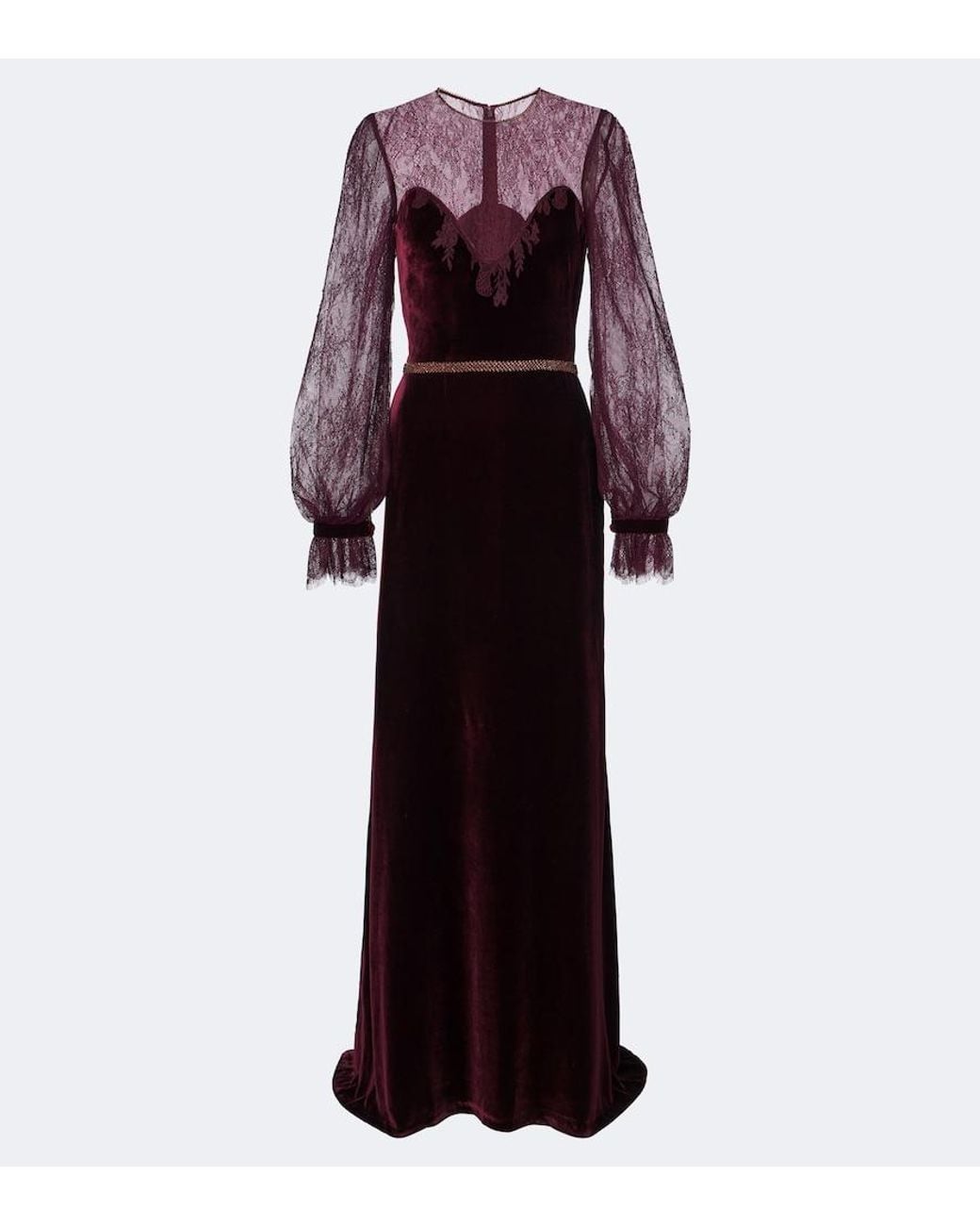 Costarellos Purple Embellished Lace-Trimmed Velvet Gown