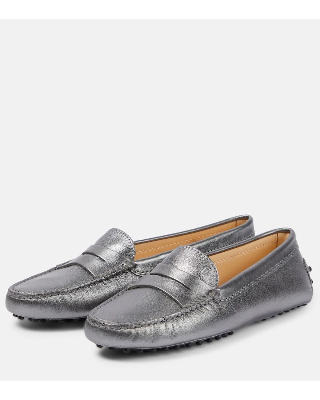 Tod's Gray Metallic Leather Moccasins