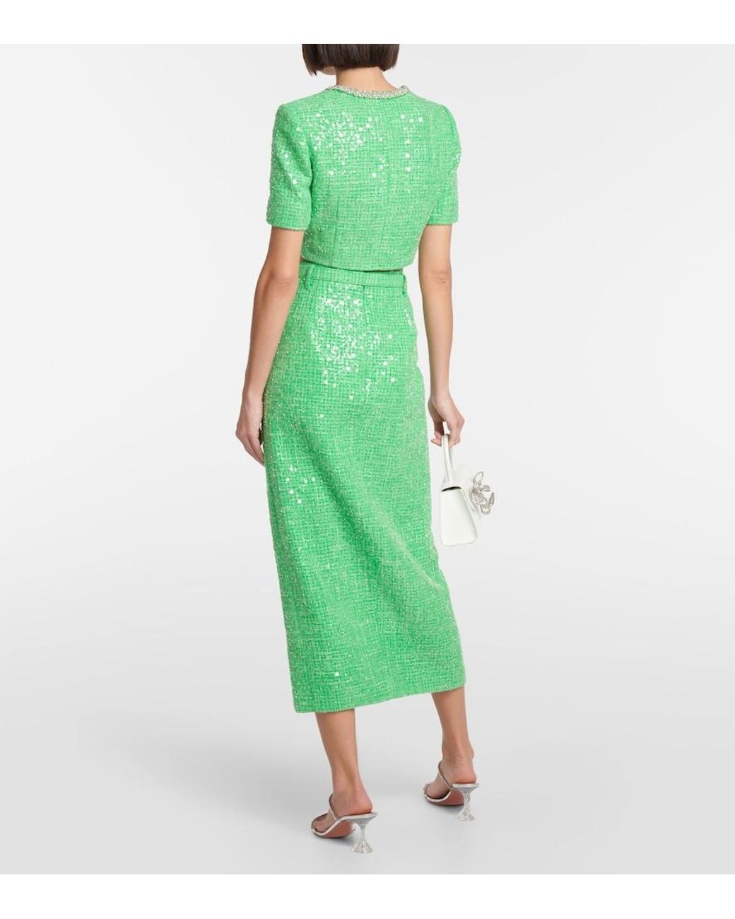 Self-Portrait Green Sequined Embellished Boucle Crop Top