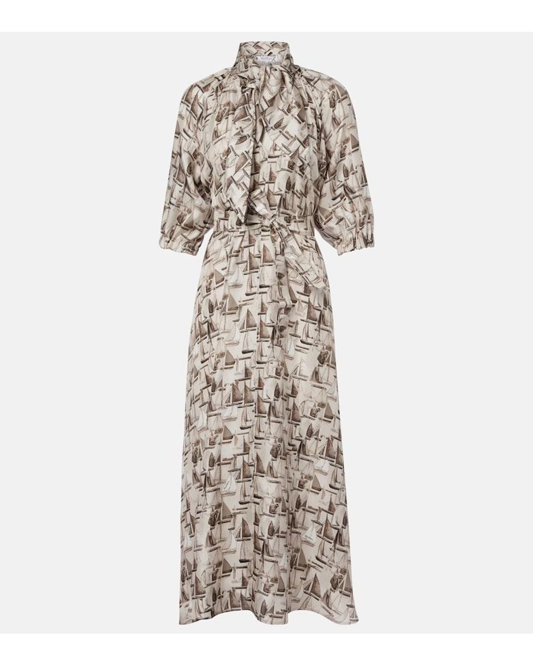 Max Mara White Printed Tie-Neck Silk Twill Midi Dress