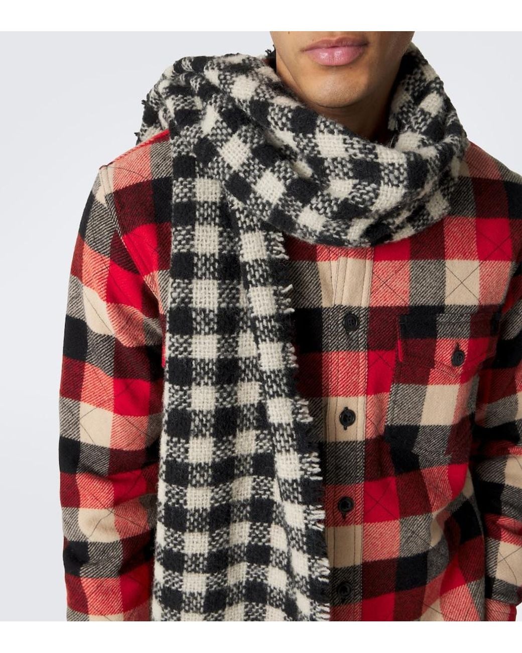 RRL Black Fringed Gingham Wool Scarf for men